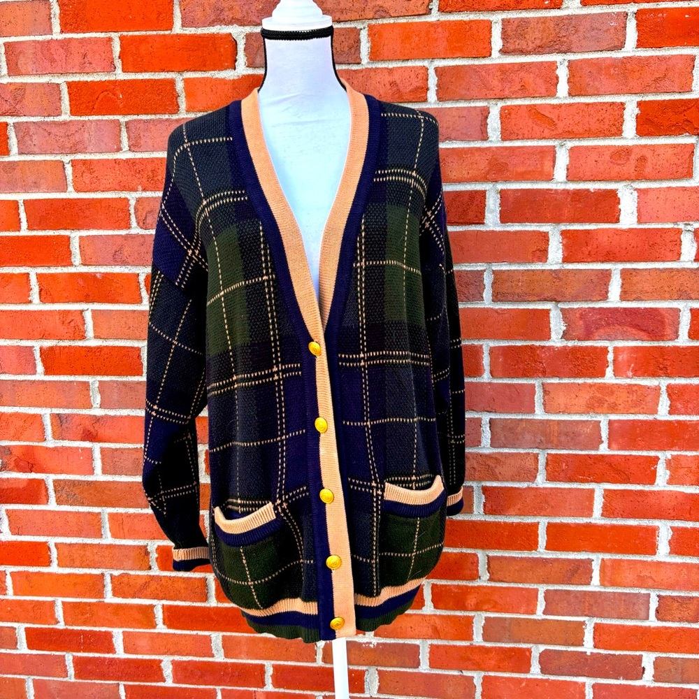 Liz Claiborne Petite Collection Button Up Green & Blue Checkered Cardigan Small